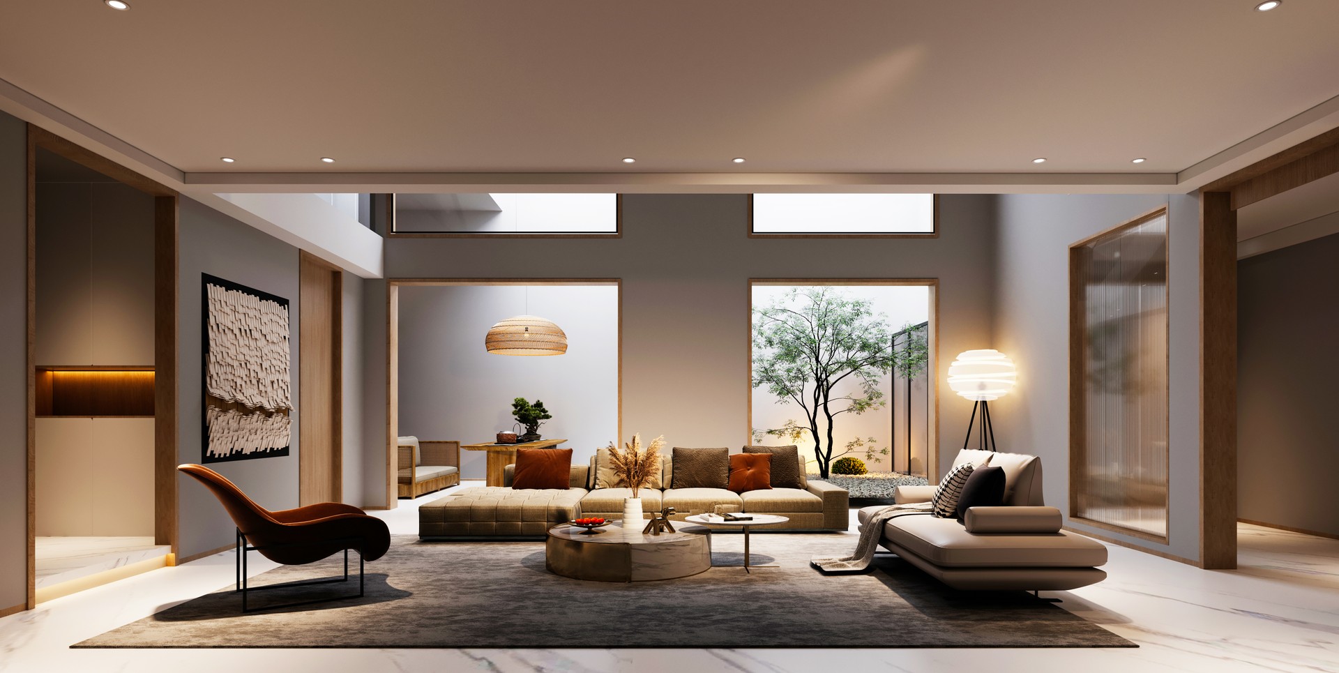 3d render of luxury home interior and living room