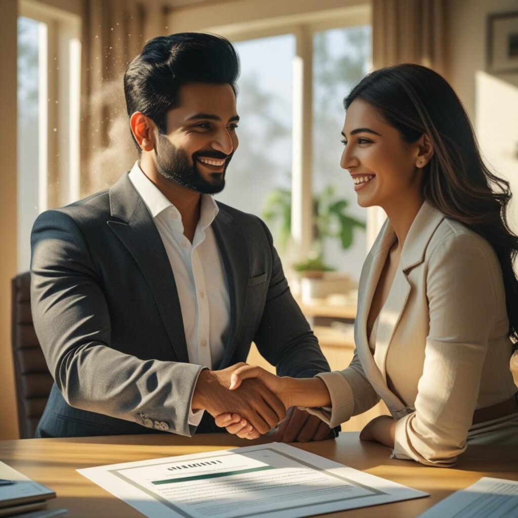buyer buyer's agent handing over the house contract